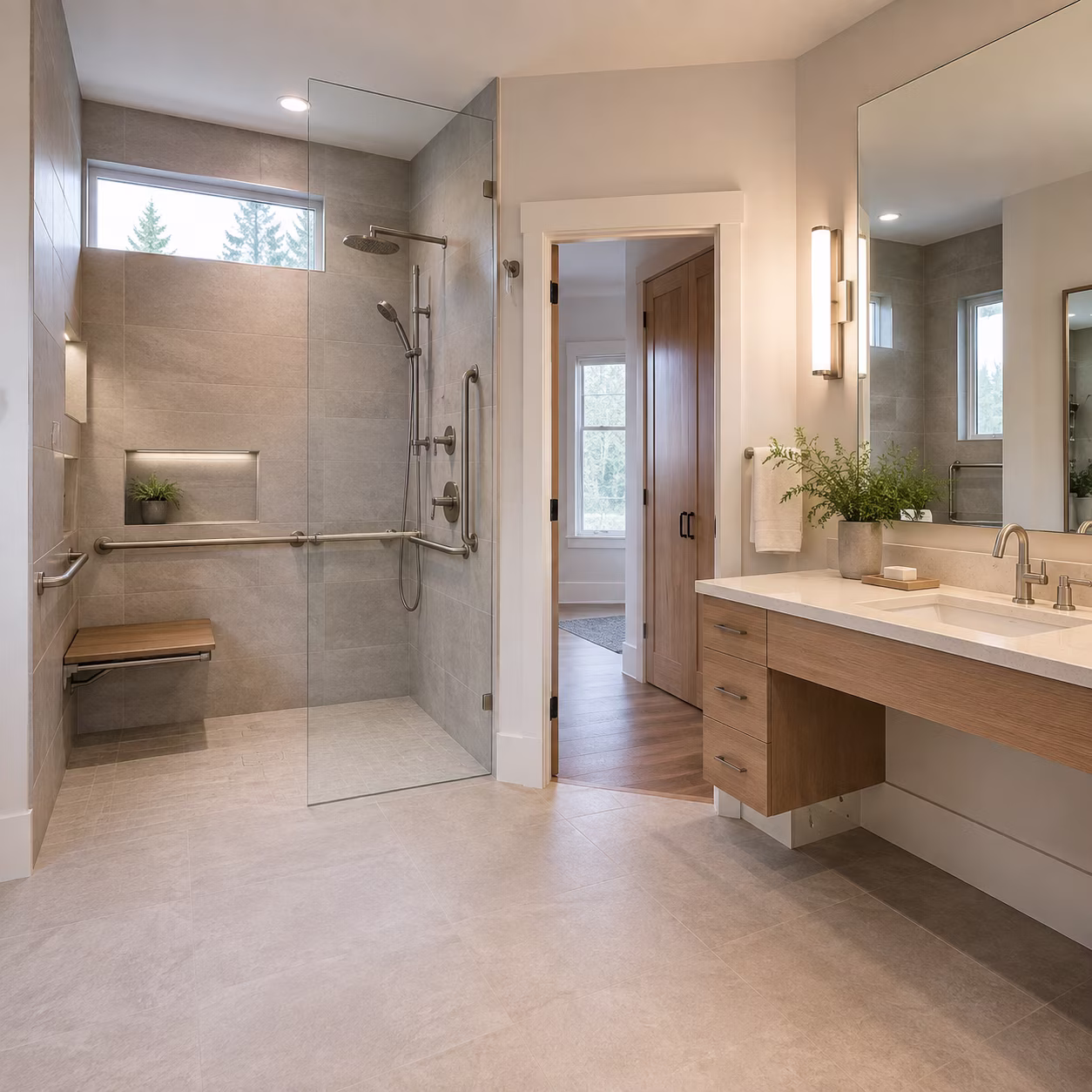 Accessible bathroom with a curbless shower, grab bars, and seated vanity